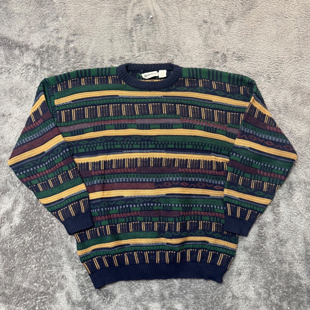 Simona Made in Italy Vintage Multi Color Geometric Knit Wool Blend Sweater XL